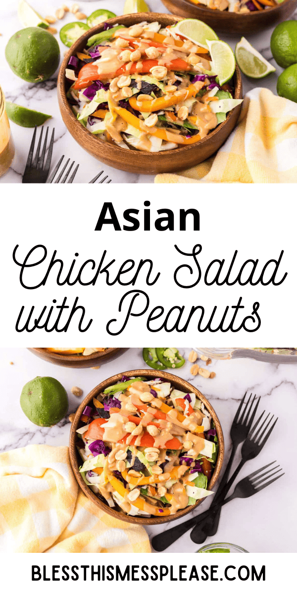 Pinterest pin with text that reads Asian Chicken Salad with Peanuts Recipe.