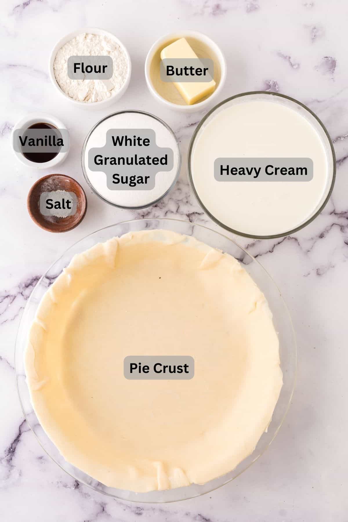 portion bowls each with digitally labeled raw ingredients to make Hoosier sugar cream pie.