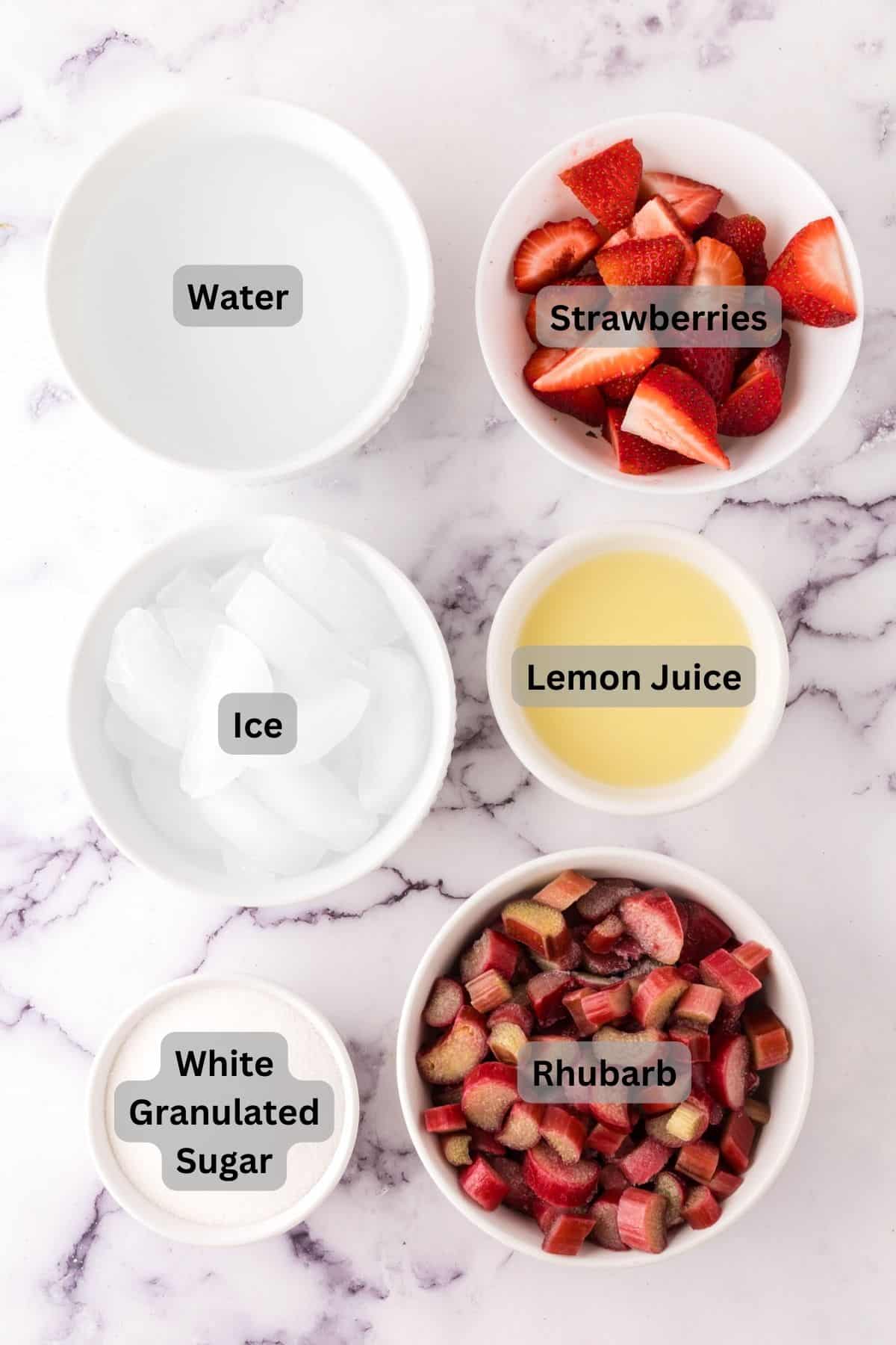 portion bowls each with digitally labeled raw ingredients to make Strawberry Rhubarb Lemonade.