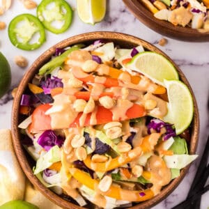 wooden salad bowl with asian chicken salad with peanut dressing.