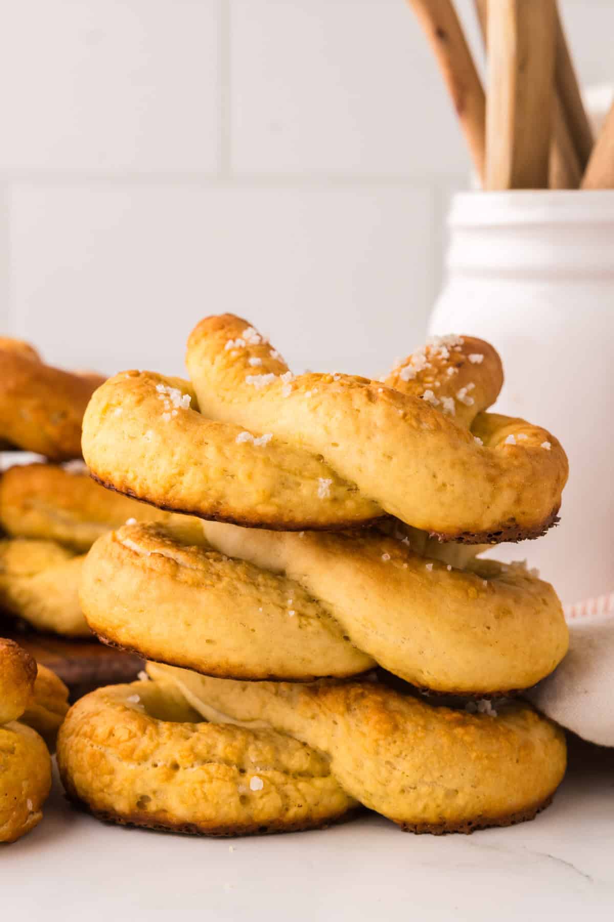 a stack of big soft pretzels.