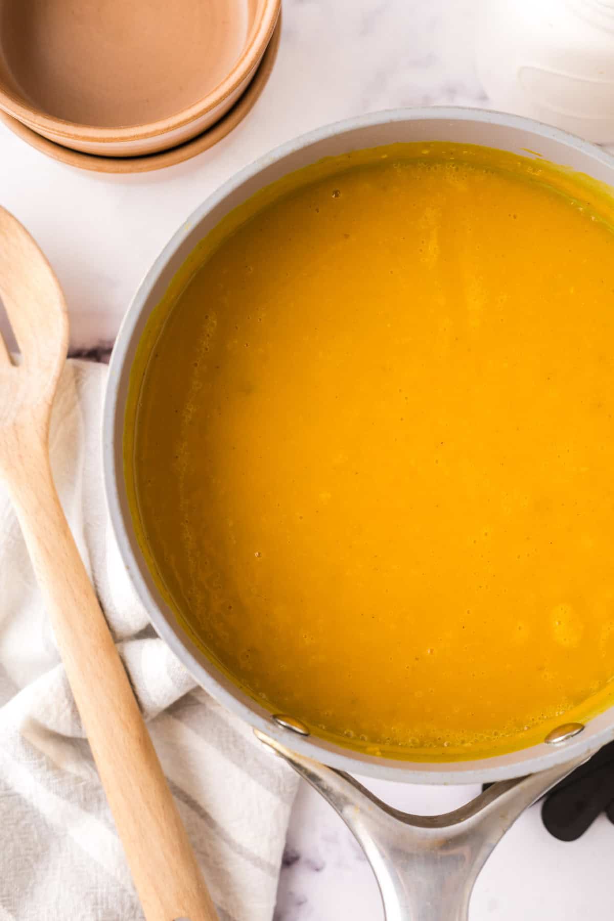 homemade butternut squash soup in the pot.