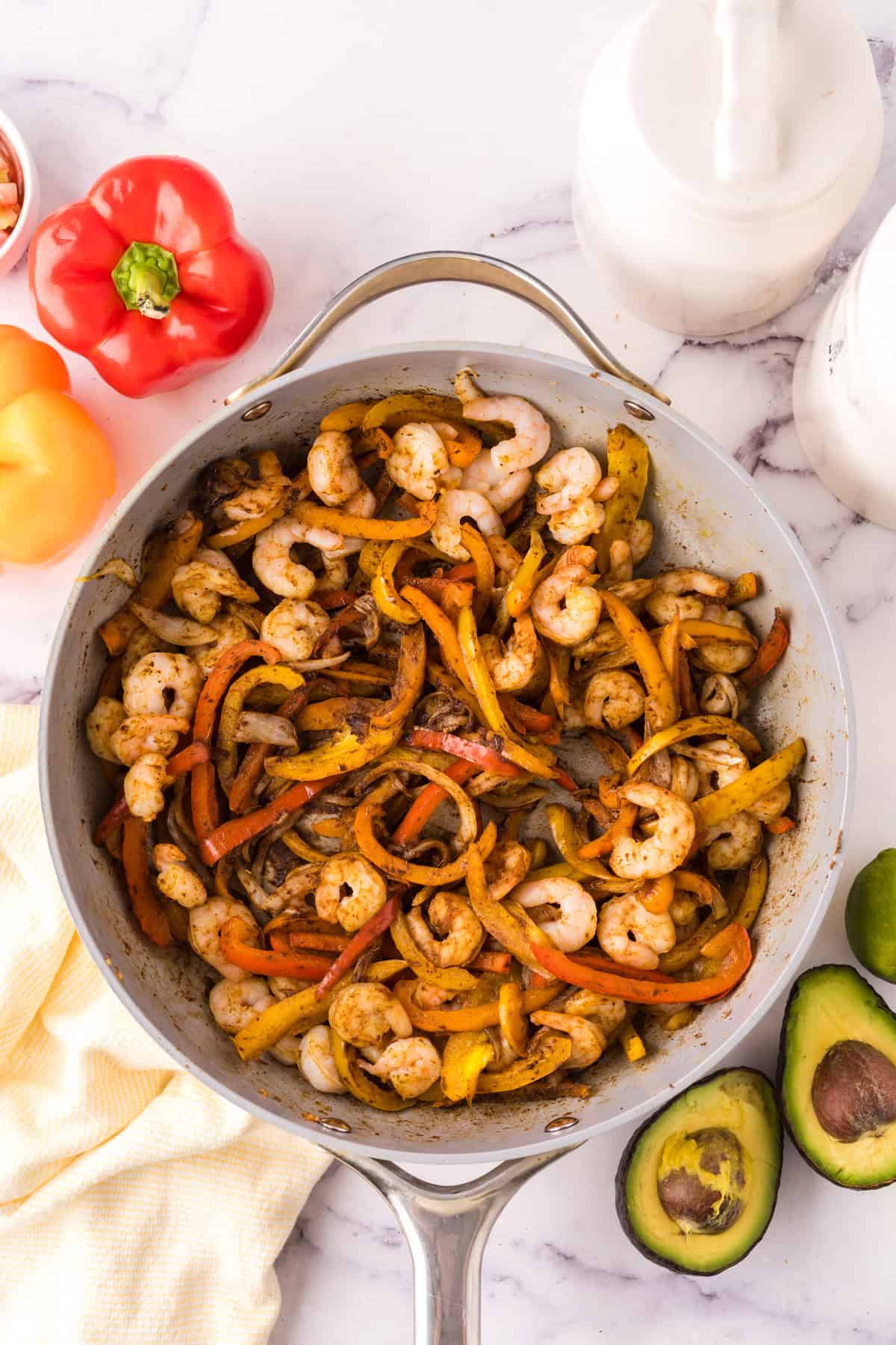 Shrimp Fajitas in a pan in the process of cooking.