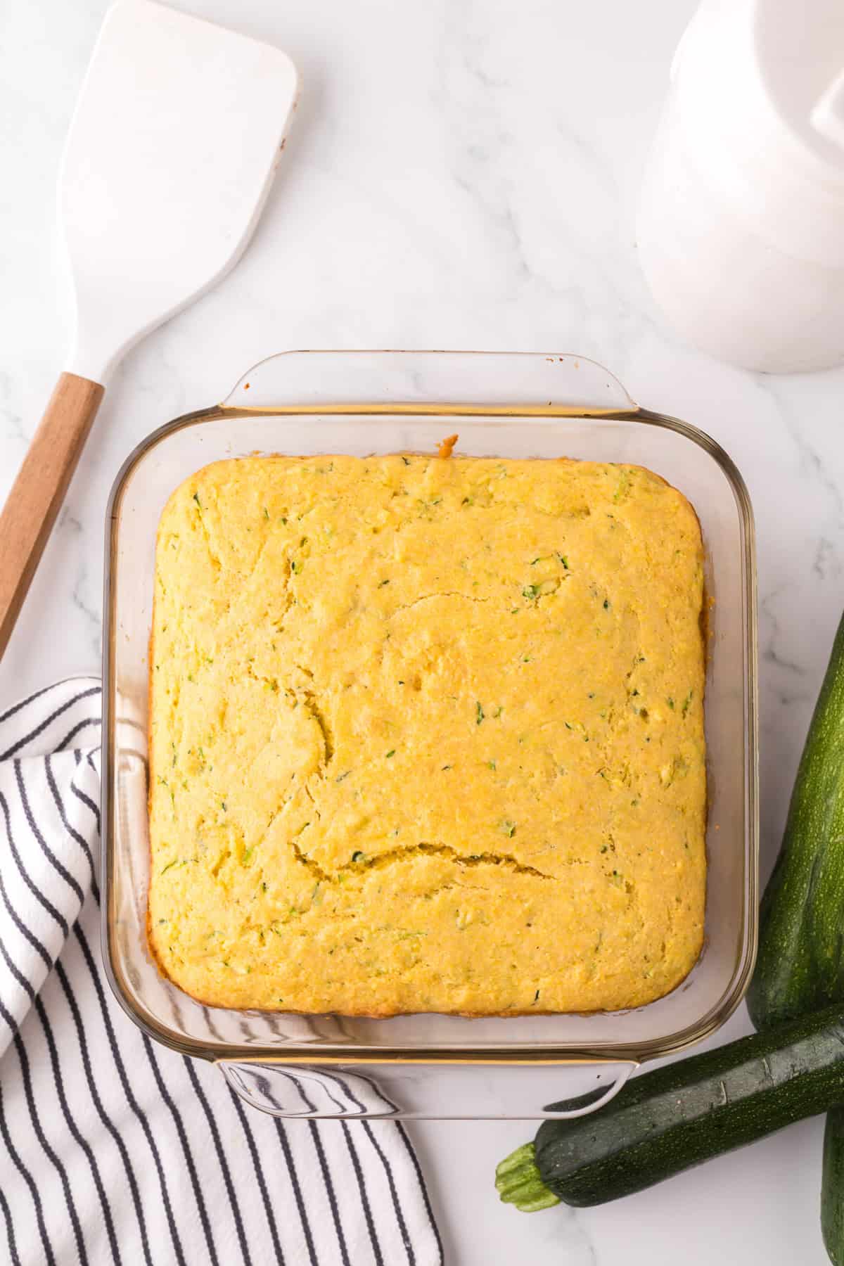 square baking dish with zucchini cornbread.