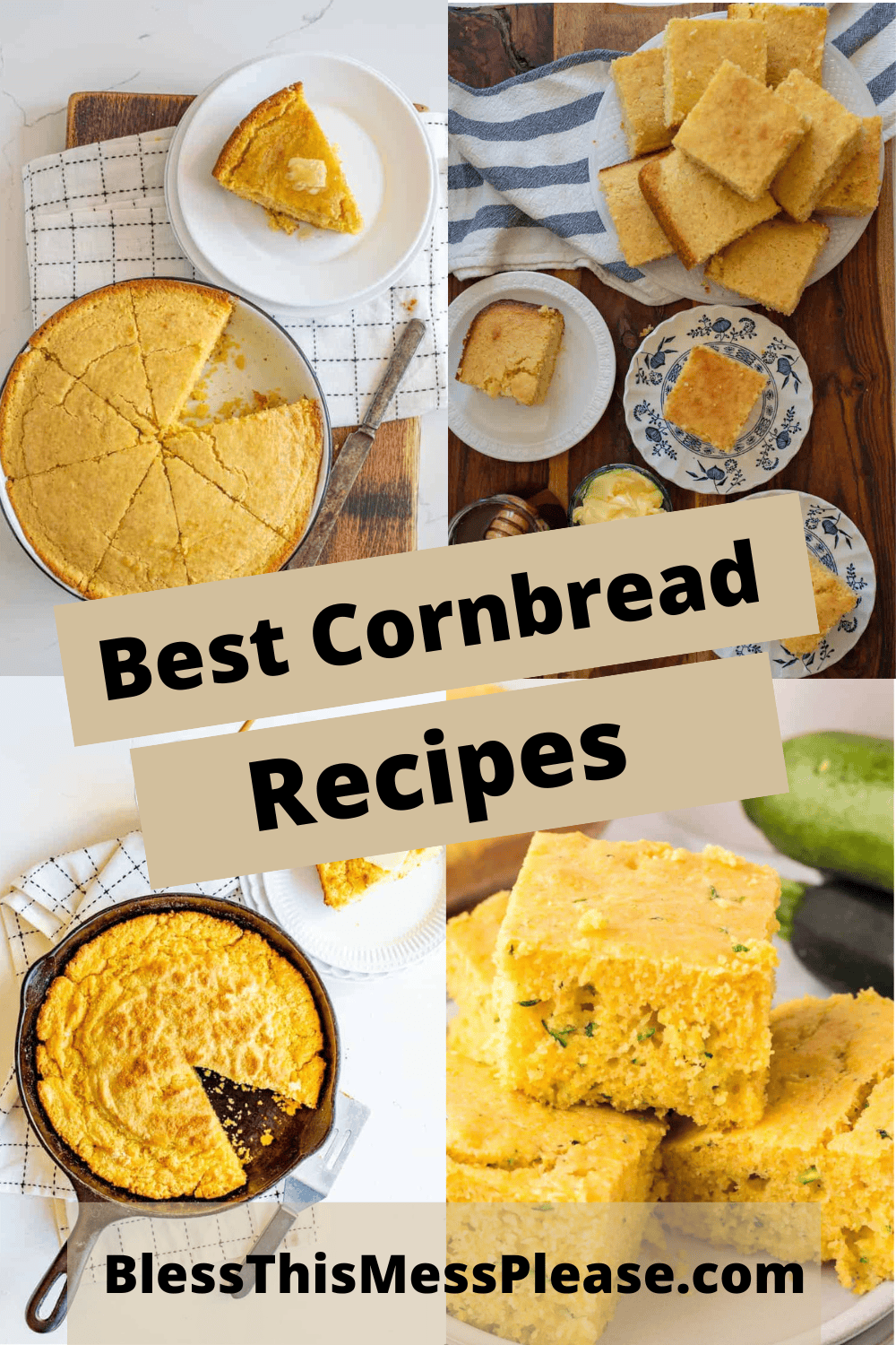 four blocks of cornbread images with best cornbread recipes text.