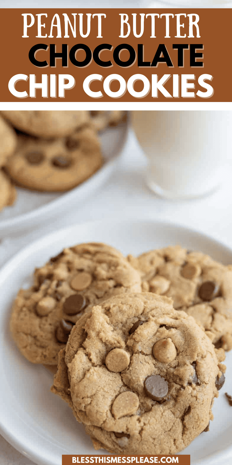 A plate of scrumptious Peanut Butter Chocolate Chip Cookies takes center stage, paired with a refreshing glass of milk nearby. In the background, a tempting array of more cookies waits patiently. Text overhead proudly declares Peanut Butter Chocolate Chip Cookies.