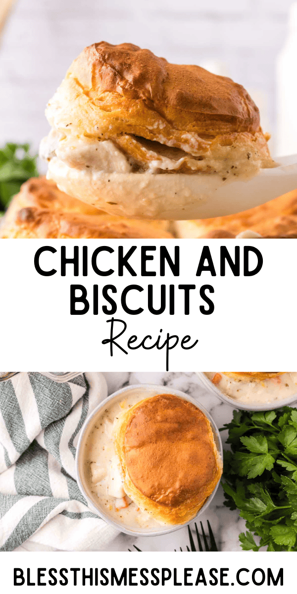 Pinterest pin with text that reads Chicken and Biscuits Recipe.