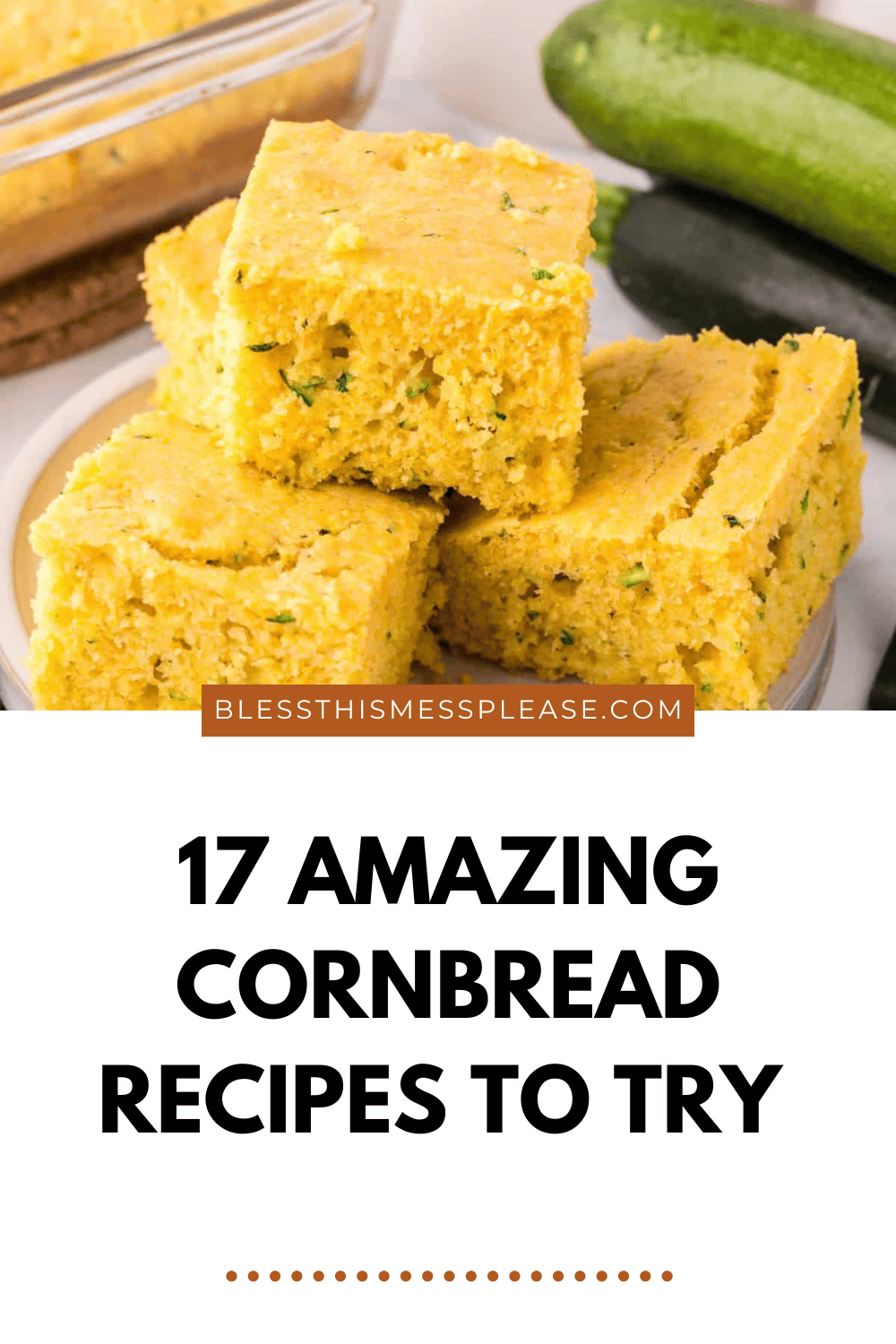 stack of pieces of cornbread on white plate with green zucchini in background.