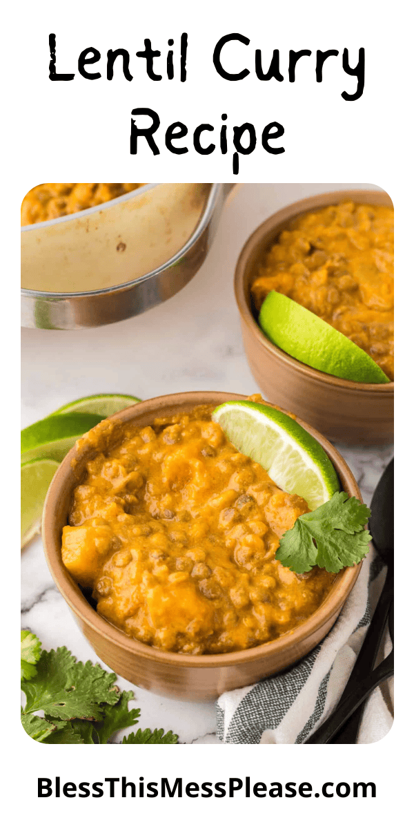 Pinterest pin with text that reads Lentil Curry Recipe.