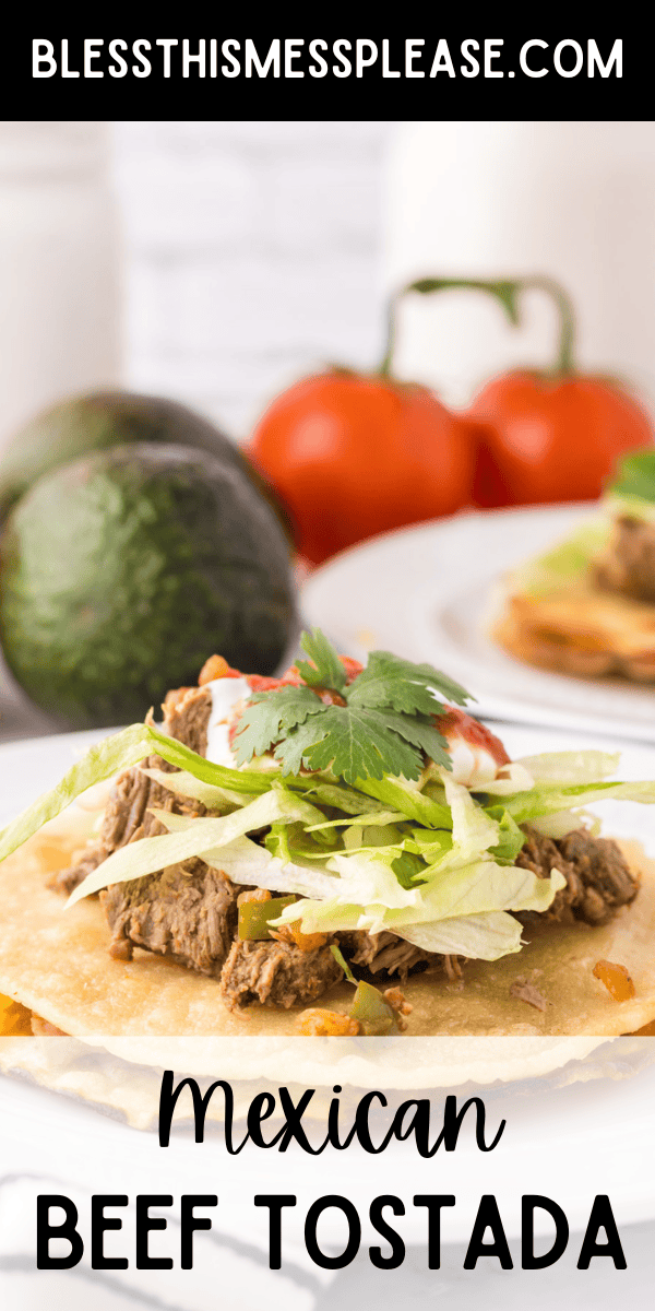 Pinterest pin with text that reads Mexican beef tostada recipe.