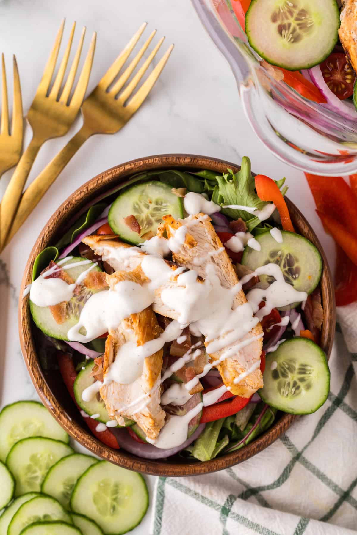 chicken bacon ranch salad recipe in a wooden bowl.