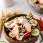 chicken bacon ranch salad recipe in a wooden bowl.