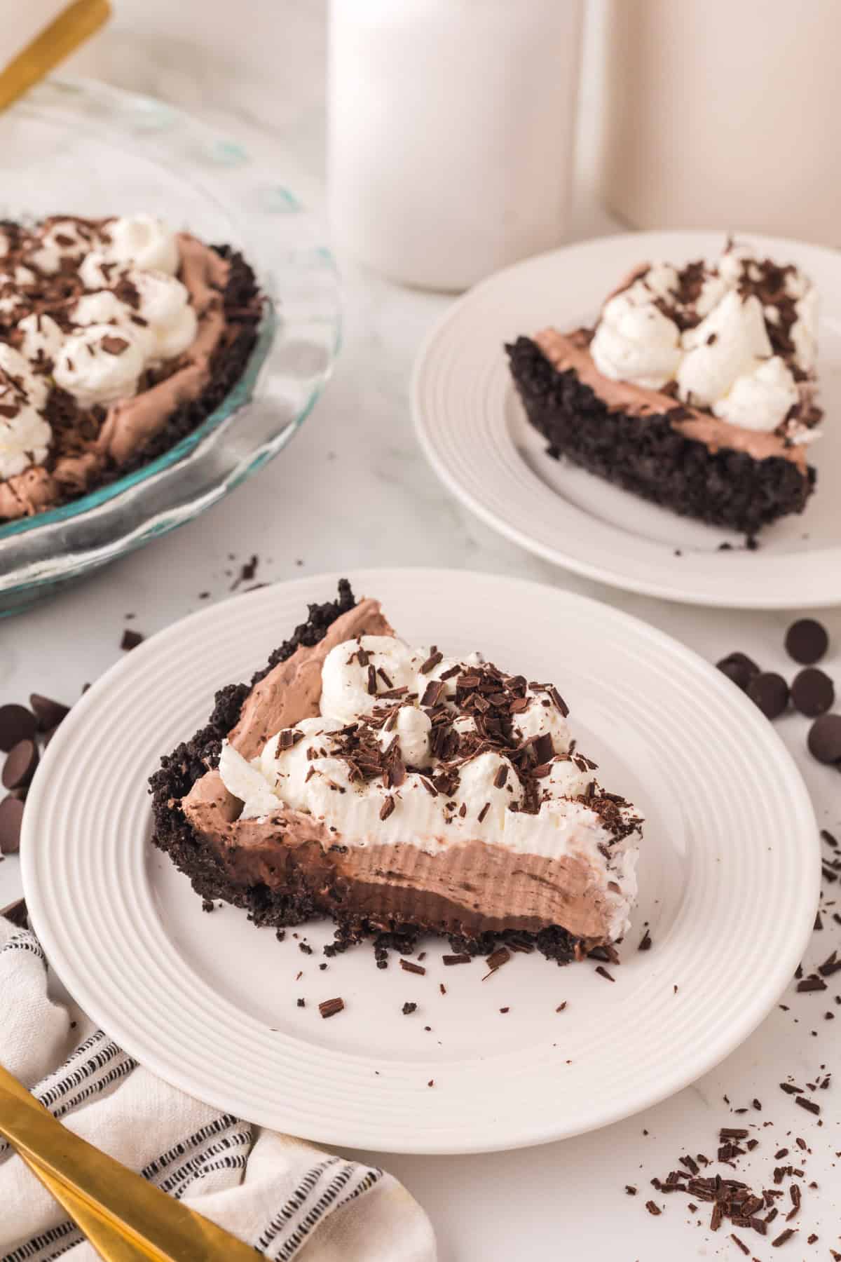 one slice of chocolate cream pie.