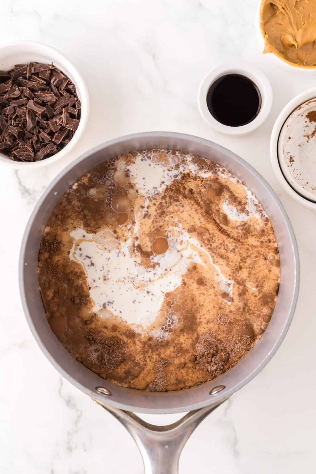 pot of making chocolate peanut butter ice cream in progress.