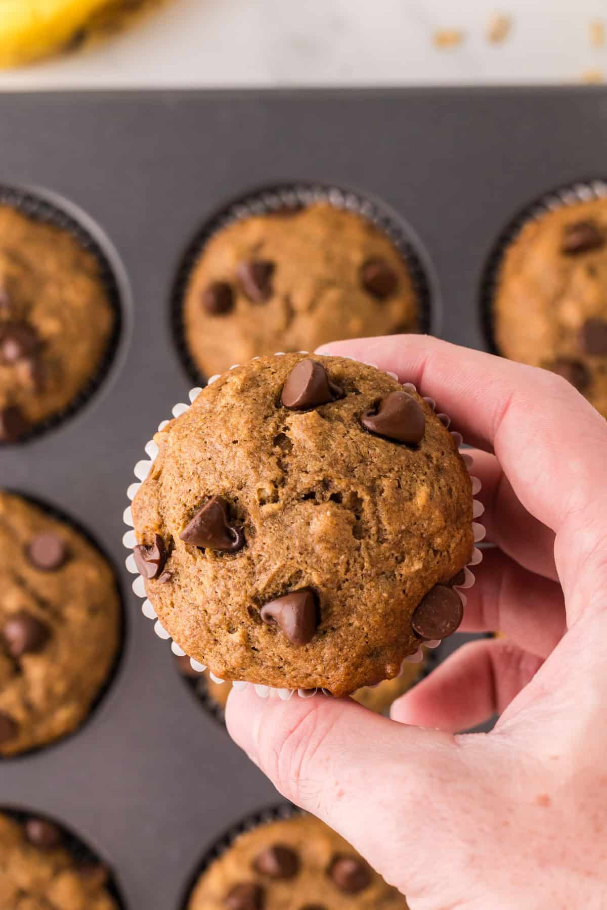 POV hand holding a healthy banana muffin in the tin.