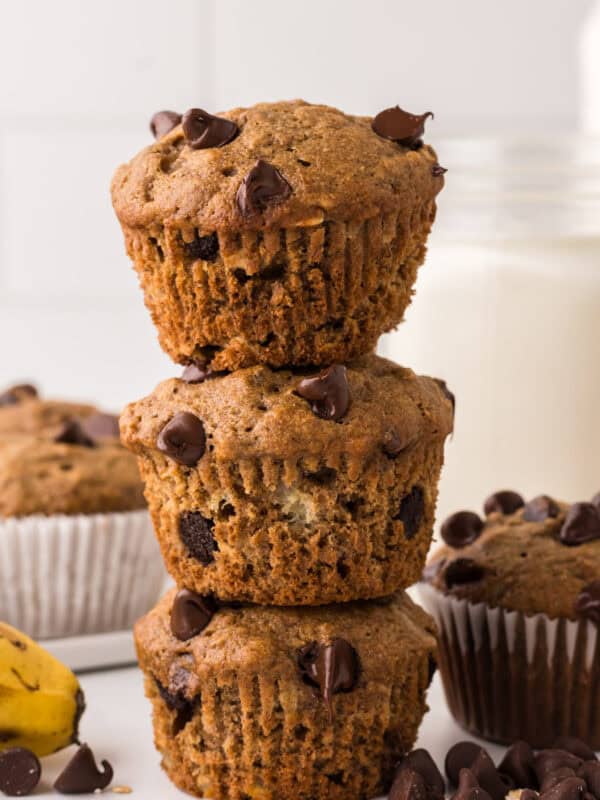 stack of three healthy banana muffins.