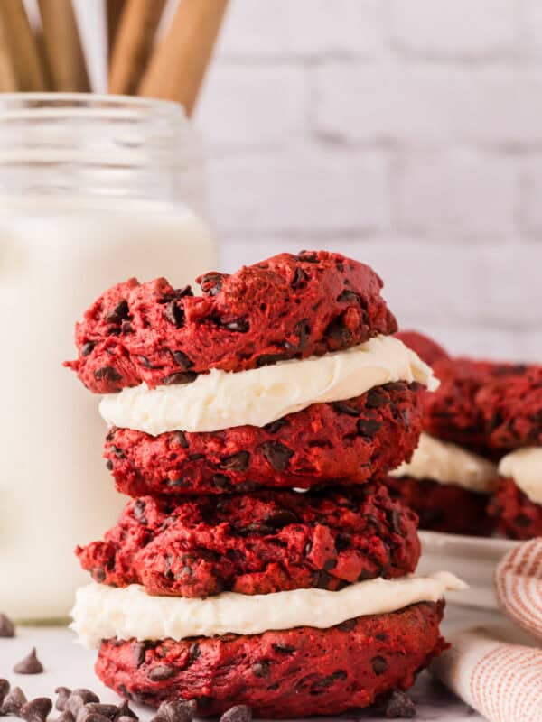 red velvet whoopee pies in a small stack.