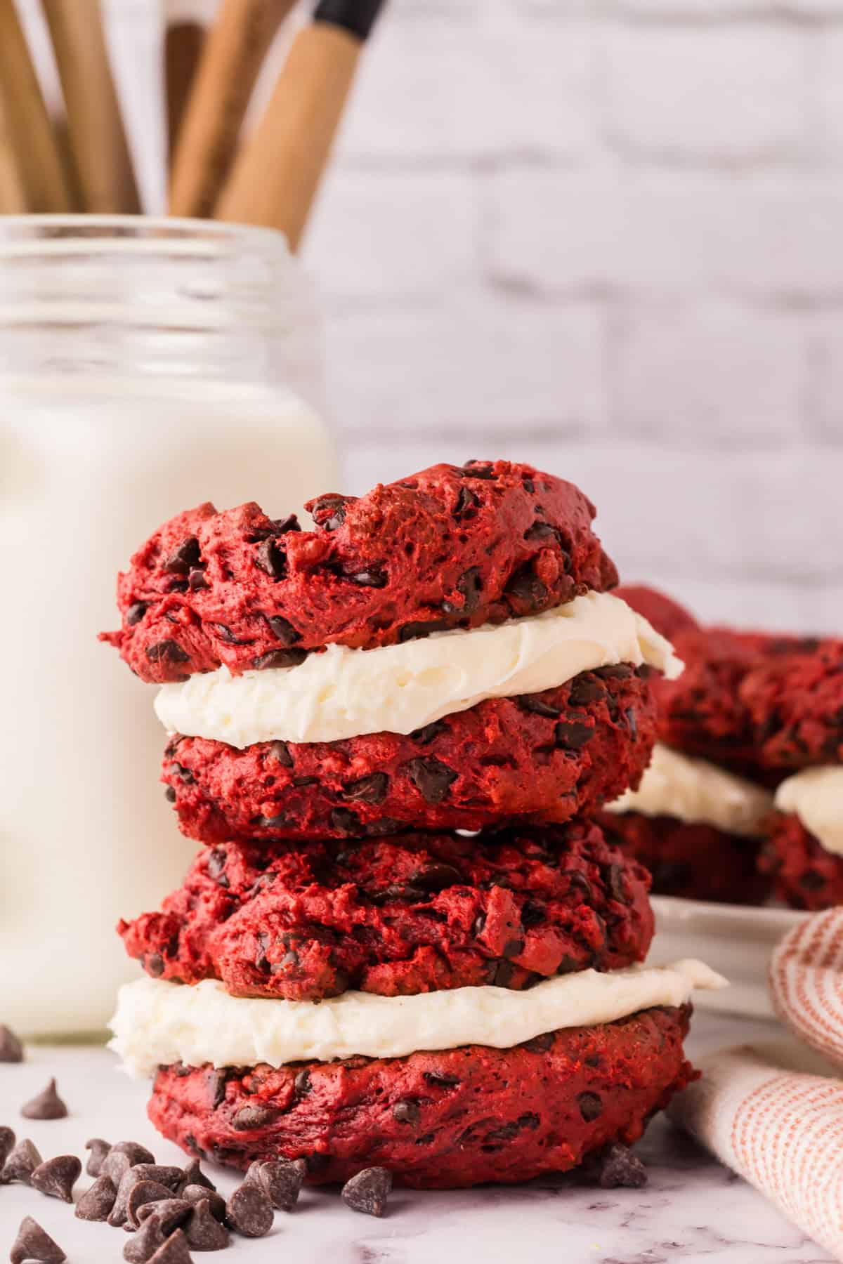 red velvet whoopee pies in a small stack.