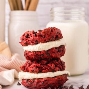 red velvet whoopee pies in a small stack.