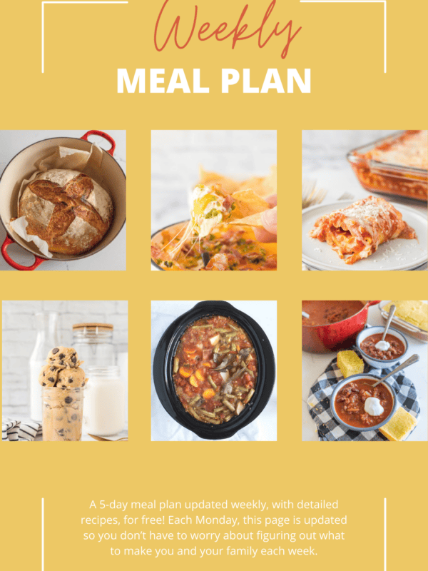 6 different recipe pictures in a collage with "Easy Weekly Meal Plan" written on it.