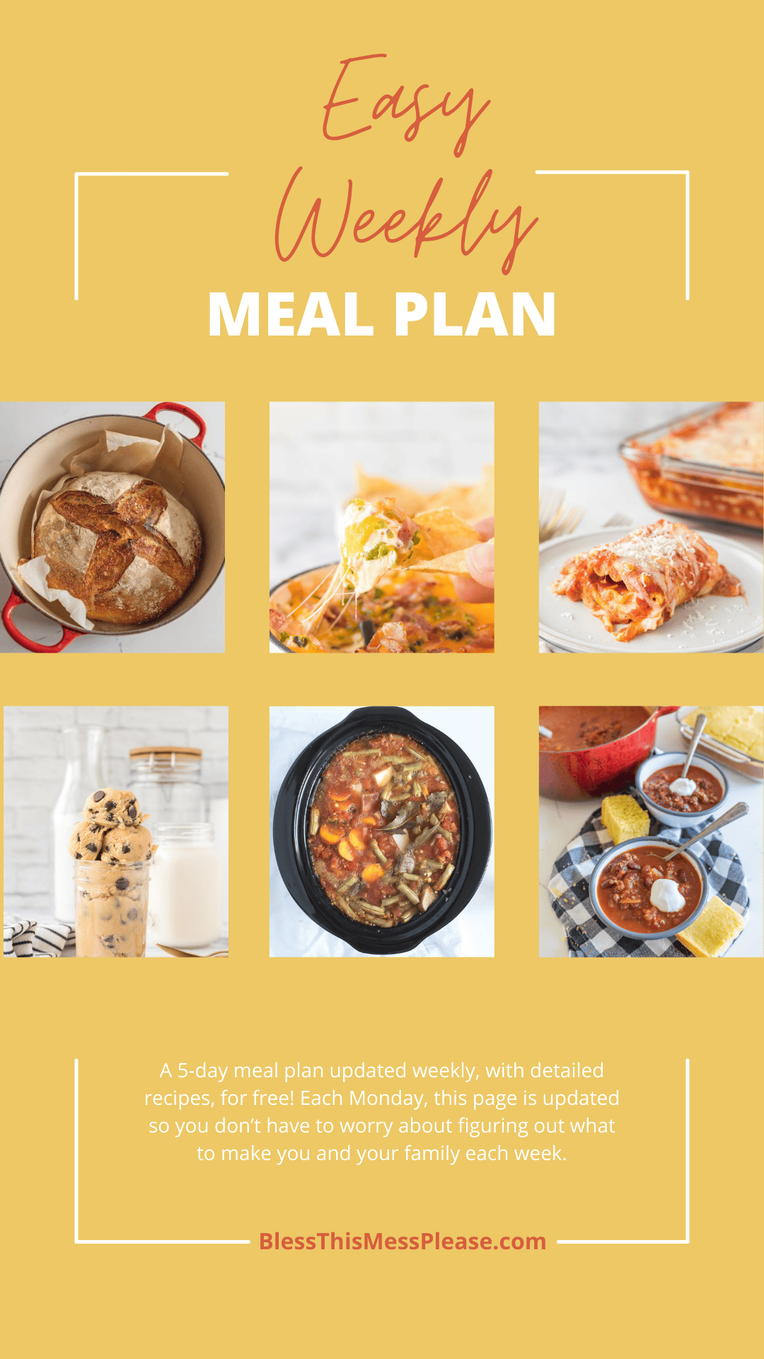 6 different recipe pictures in a collage with "Easy Weekly Meal Plan" written on it.