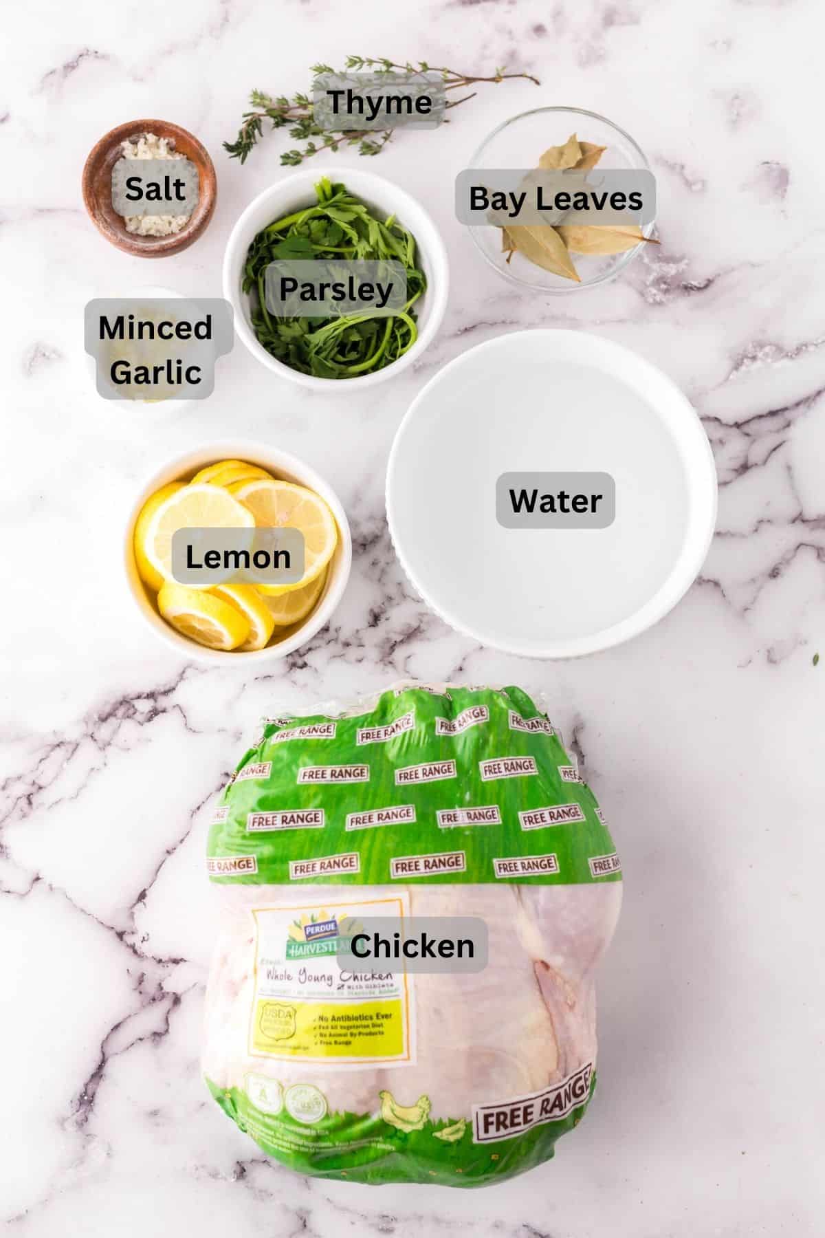 portion bowls each with digitally labeled raw ingredients to make chicken brine.