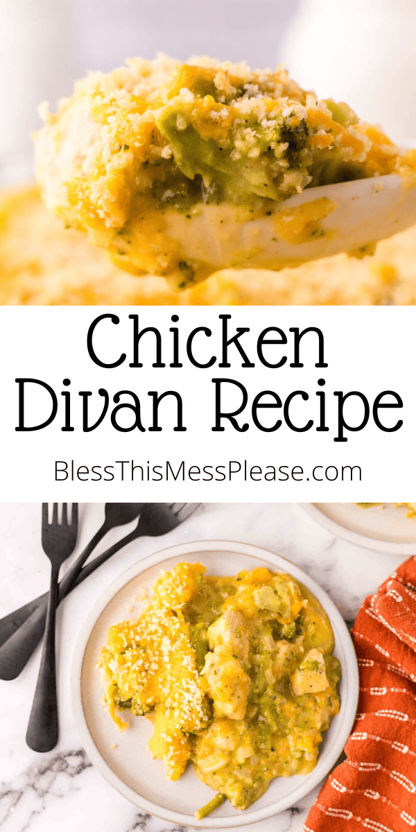 Pinterest pin with text that reads Chicken Divan Recipe.