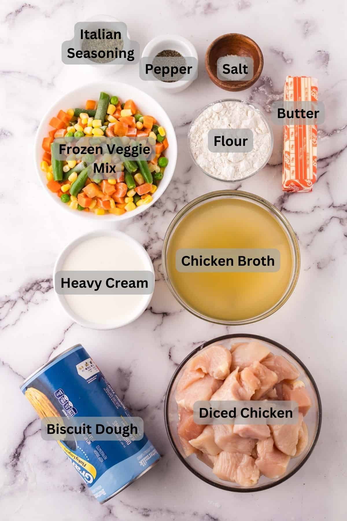 portion bowls each with digitally labeled raw ingredients to make Chicken and biscuits.