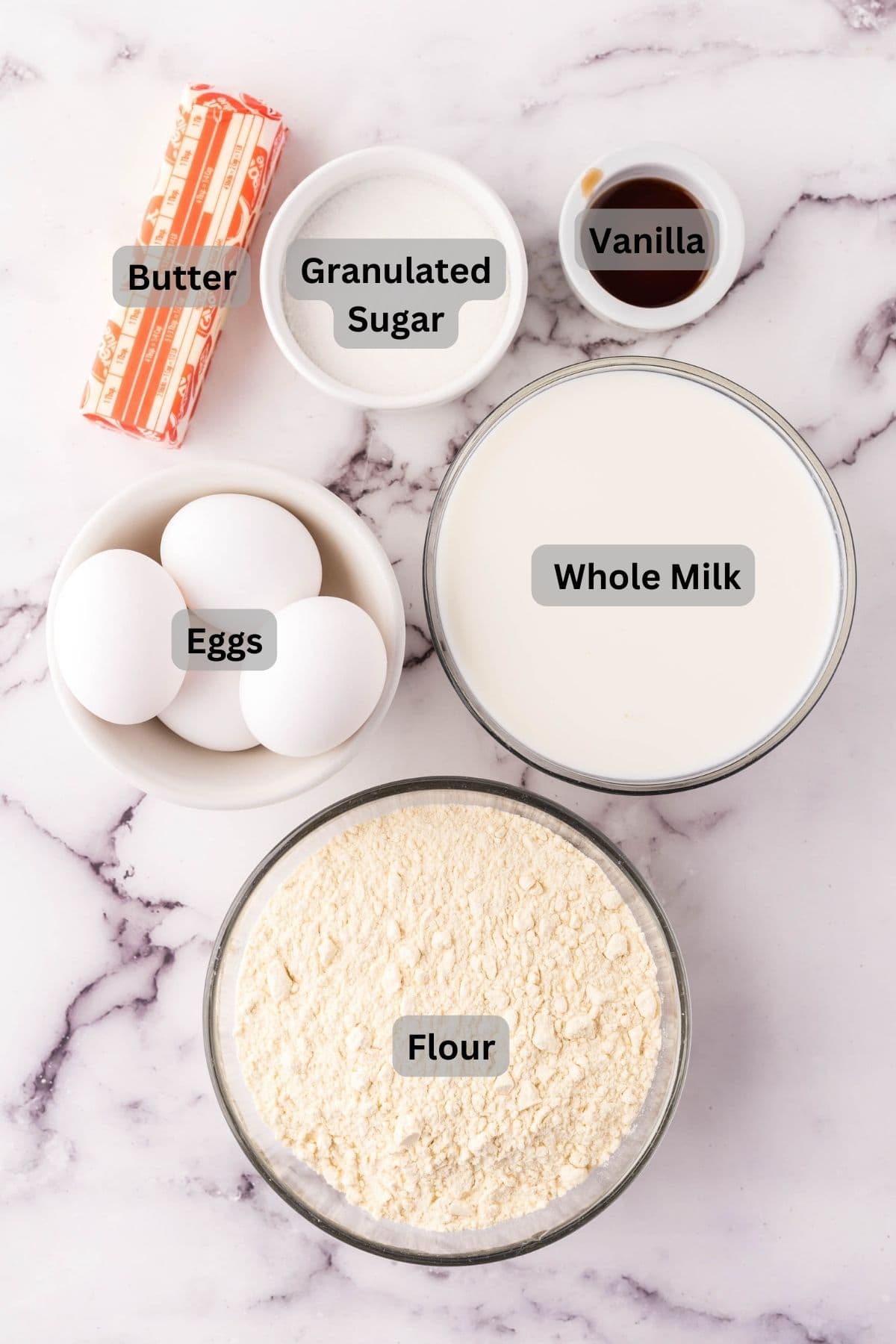 portion bowls each with digitally labeled raw ingredients to make crepes.