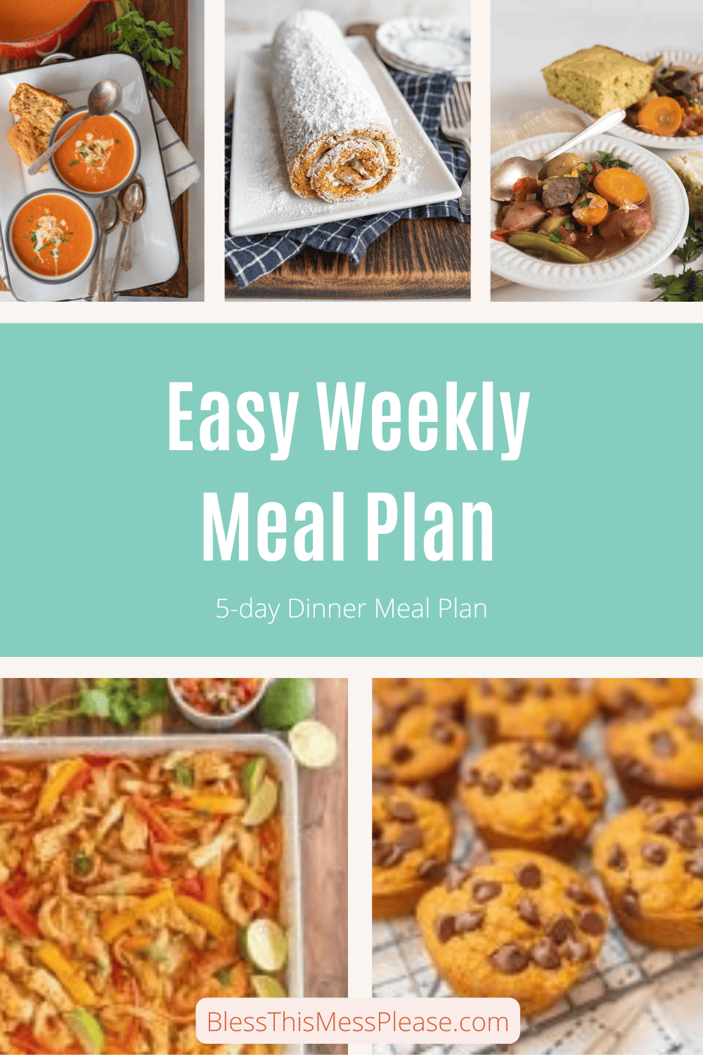 A collage of 5 recipe images with the words "Easy Weekly Meal Plan" and "5-day dinner meal plan" written on the pinterest image.