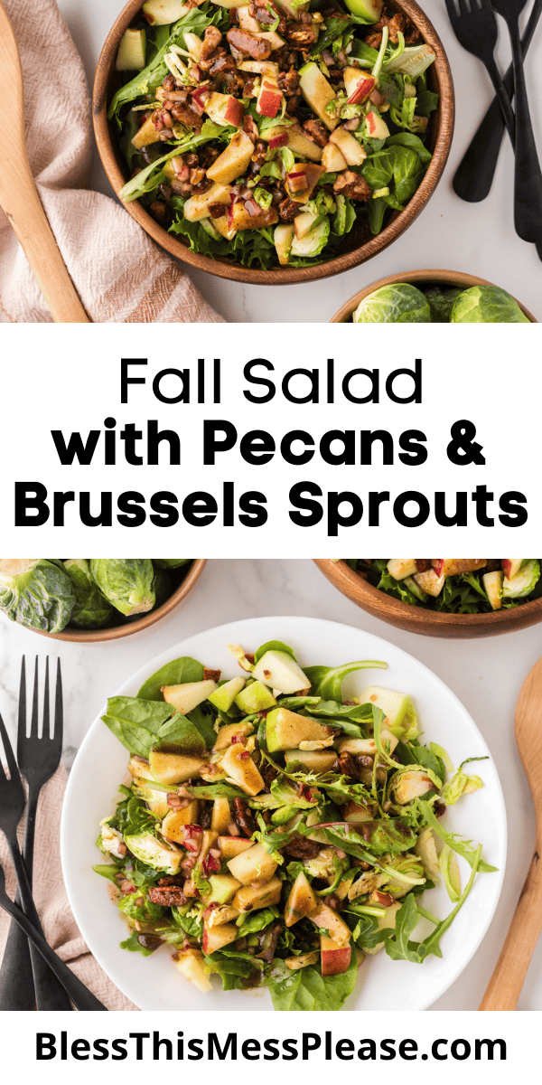 Pinterest pin with text that reads fall salad with pecans and Brussels sprouts.