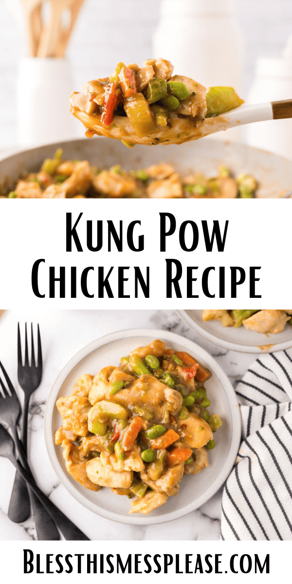 Pinterest pin with text that reads Kung Pow Chicken Recipe.