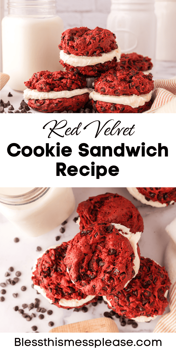 Pinterest pin with text that reads Red Velvet Cookie Sandwich Recipe.