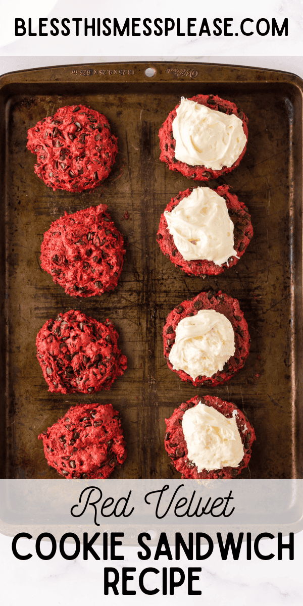 Pinterest pin with text that reads Red Velvet Cookie Sandwich Recipe.