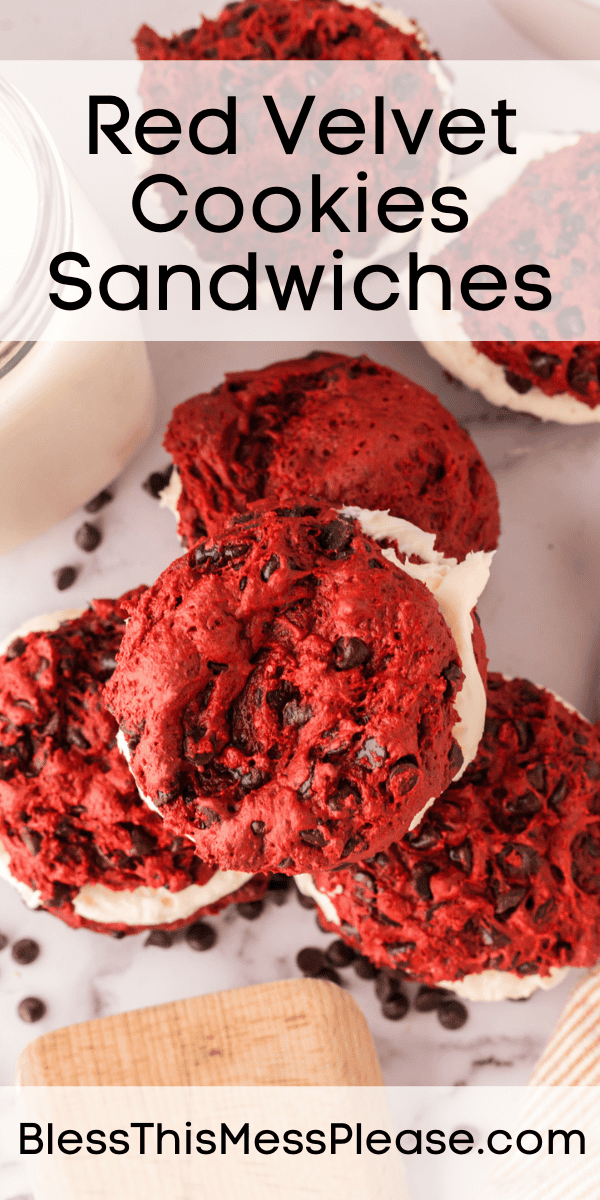 Pinterest pin with text that reads Red Velvet Cookie Sandwich Recipe.