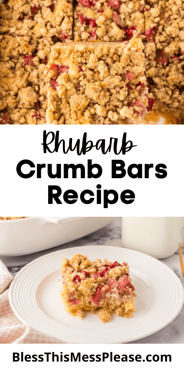 Pinterest pin with text that reads Rhubarb Crumb Bars Recipe.