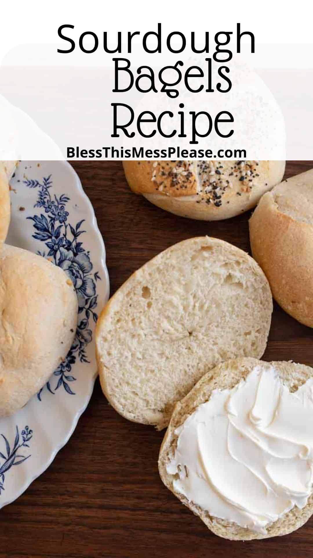 bagels on plate and countertop with words sourdough bagels recipe.