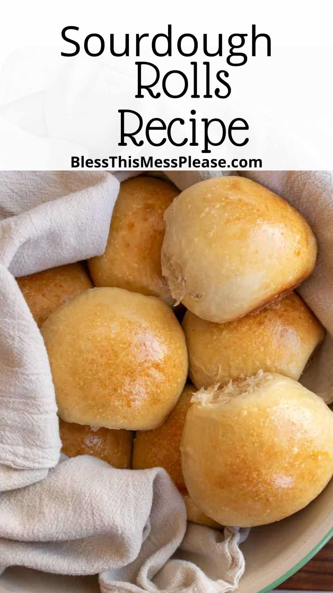 pin image of golden brown rolls with words sourdough rolls recipe.