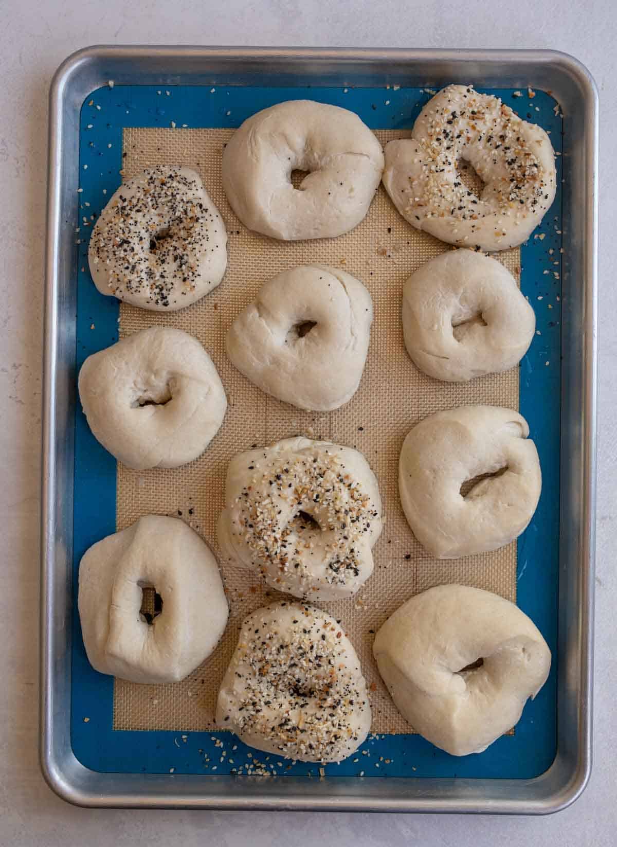 unbaked bagels on white pan on white countertop some bagels with seed topping.