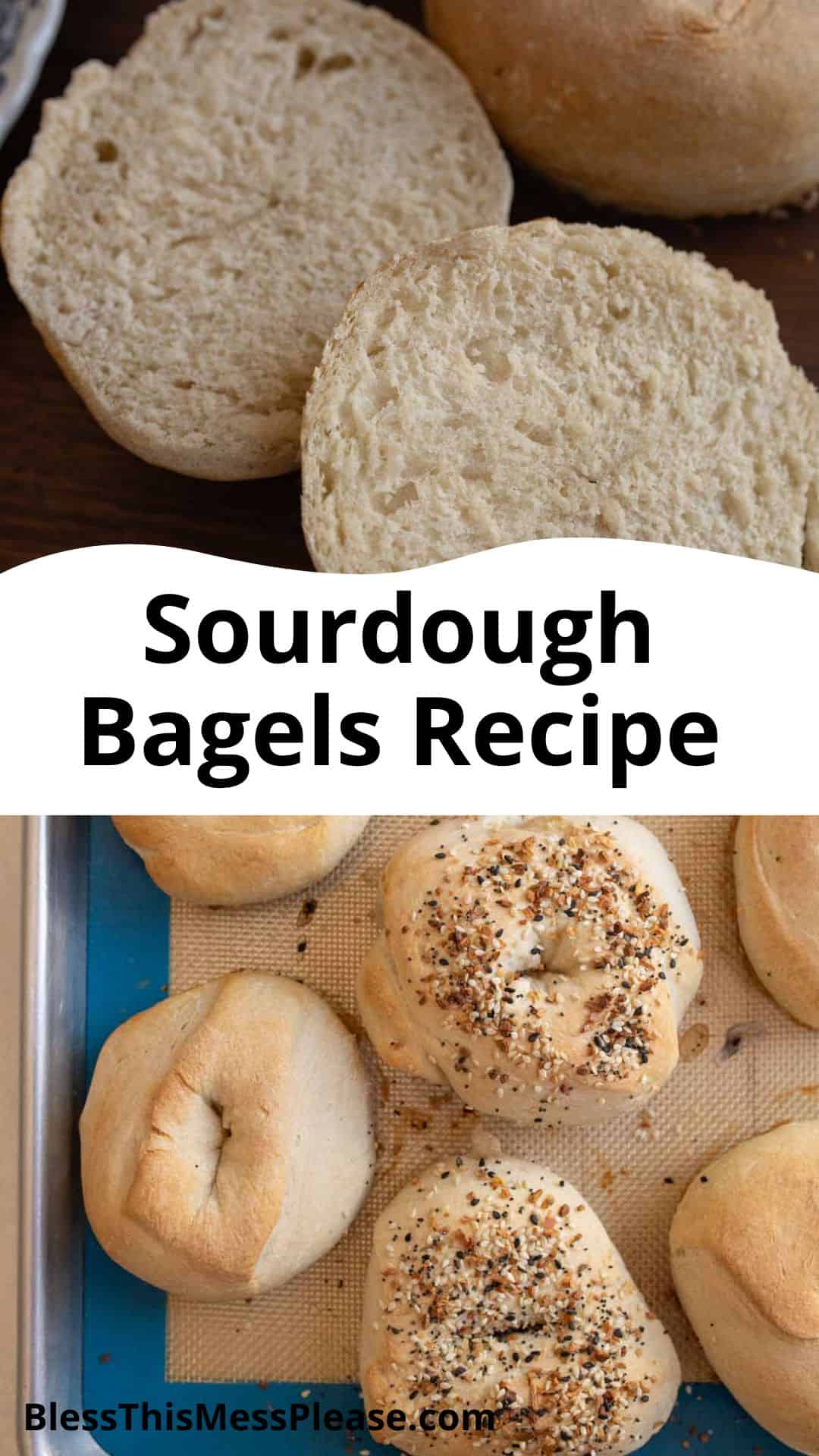 bagels on pan with words sourdough bagels recipe.