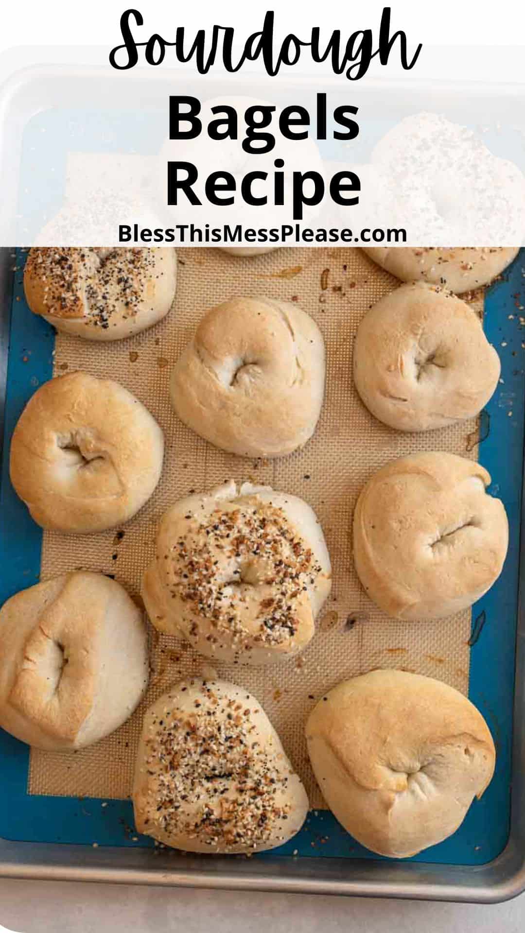 bagels on pan with words sourdough bagels recipe.