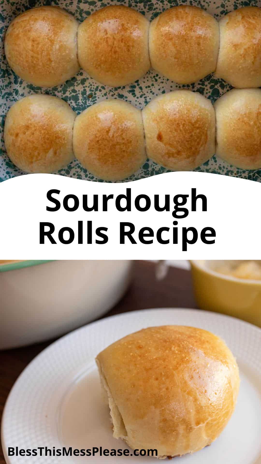 pin image of golden brown rolls with words sourdough rolls recipe.