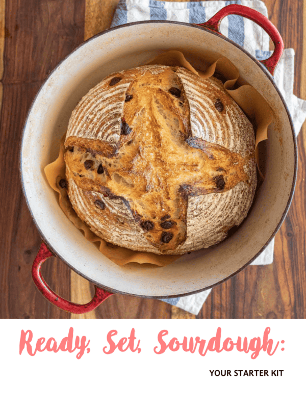 sourdough bread in round pot with words ready set sourdough.