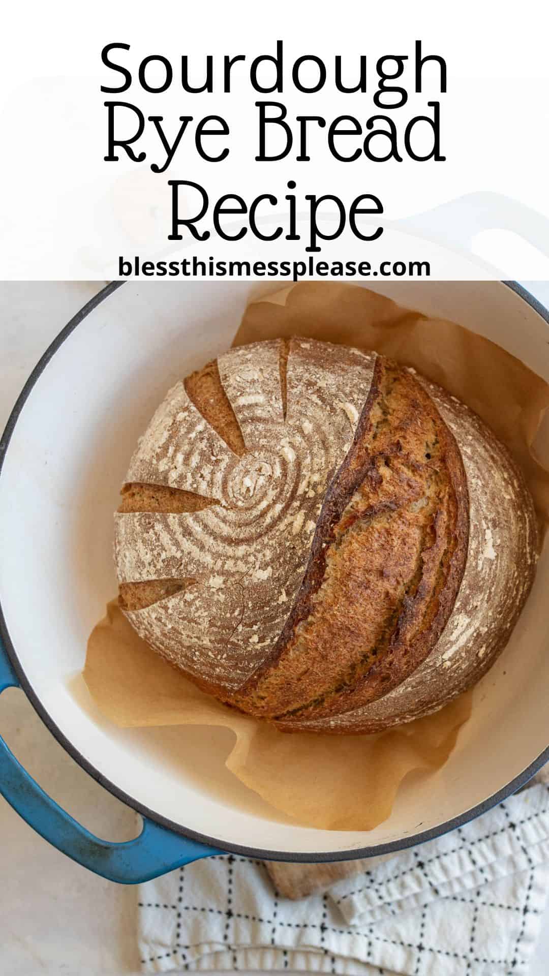 pin showing round loaf of bread in dutch oven with words sourdough rye bread recipe.