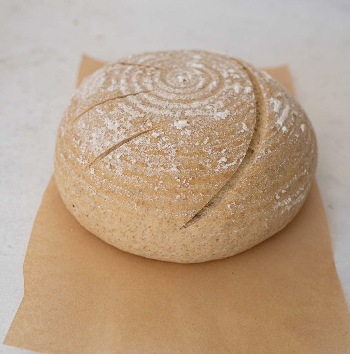 round bread dough on brown parchment paper with scored lines in top of dough.