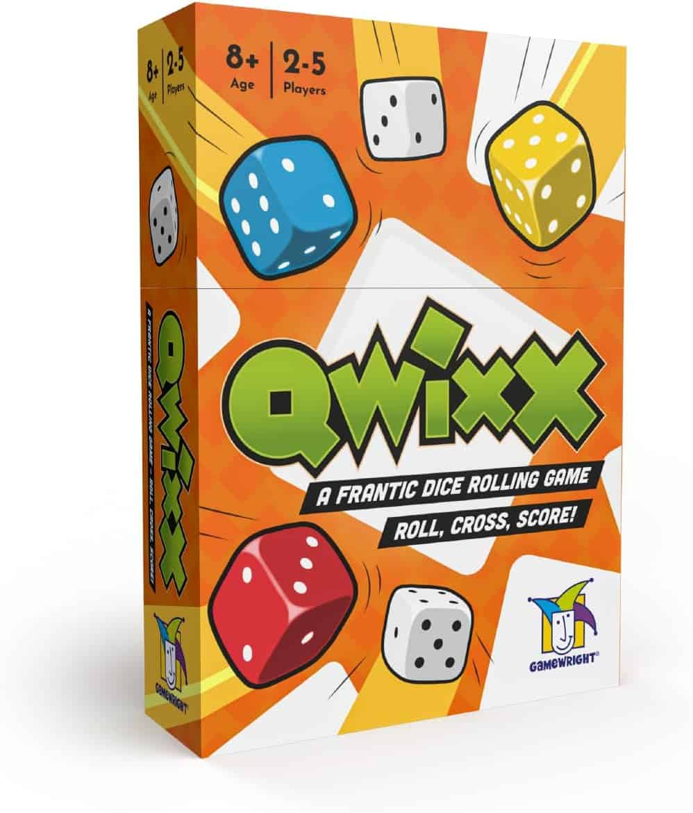 The image shows the box of the dice game Qwixx by Gamewright. The box features colorful dice and bold, playful text, indicating that its for 2-5 players, ages 8 and up. Slogan: Roll, Cross, Score!.