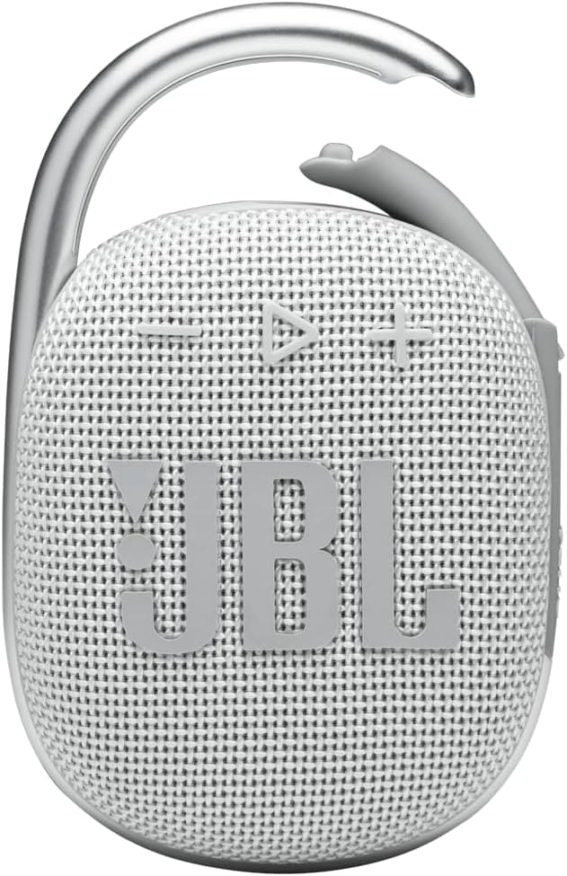 A gray JBL portable Bluetooth speaker with a fabric finish, featuring a metal carabiner clip for easy attachment and transport. The speaker has embossed play, pause, and volume control symbols on the front.