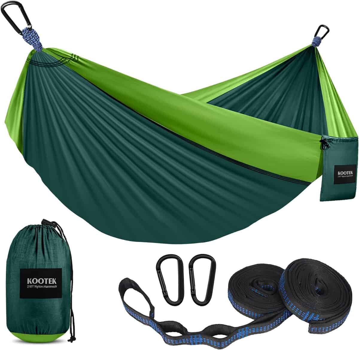 A green and dark green camping hammock with a Kootek logo, featuring carabiners, tree straps, and a matching drawstring storage bag displayed below.