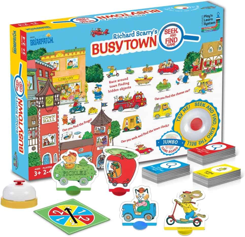 Box and components of the childrens game Richard Scarrys Busytown. Includes game board, spinner, bell, cards, and colorful characters from the Busytown series. Designed for ages 3 and up, promotes learning and fun.