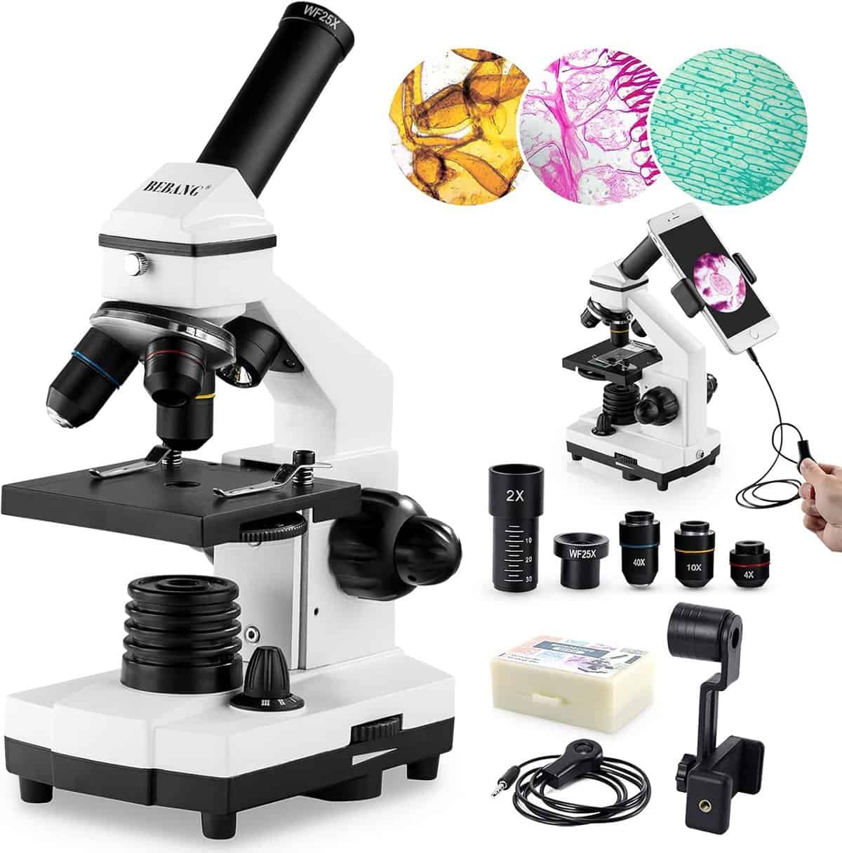 A white microscope with various lenses and slides is shown. A smartphone holder is attached to the eyepiece. Three sample microscopic images are displayed above: yellow, pink, and green patterns. Accessories and a power cord are included.